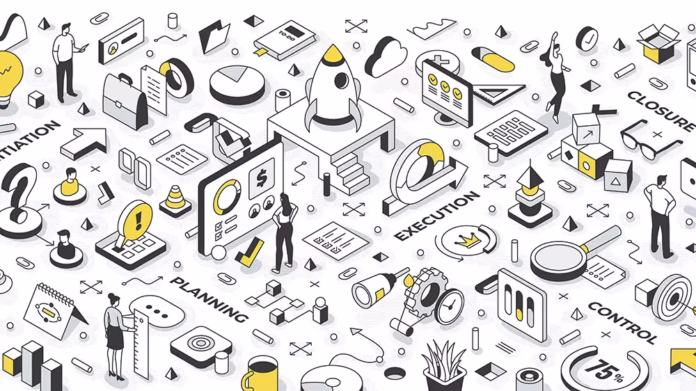 App development process for coaching business, featuring ideation, planning, execution, and monitoring