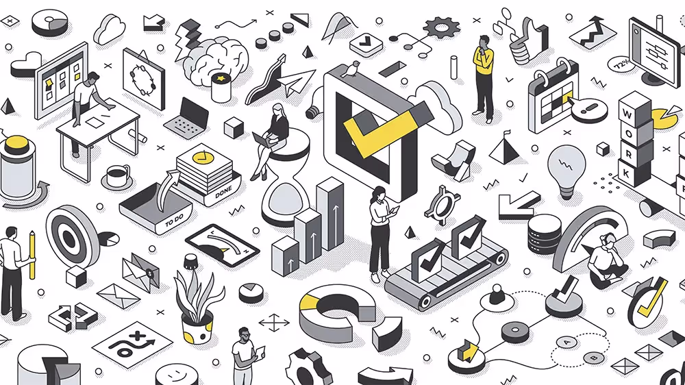 Isometric illustration of an exciting course launch event, featuring digital announcements and interactions with early adopters, capturing the momentum and engagement of introducing an online course to the market