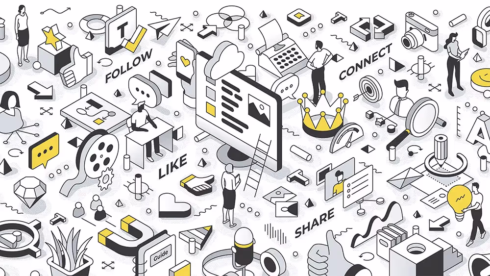 Isometric illustration of a digital marketing strategy in action, including social media promotion and email campaigns, for the successful launch of an online course